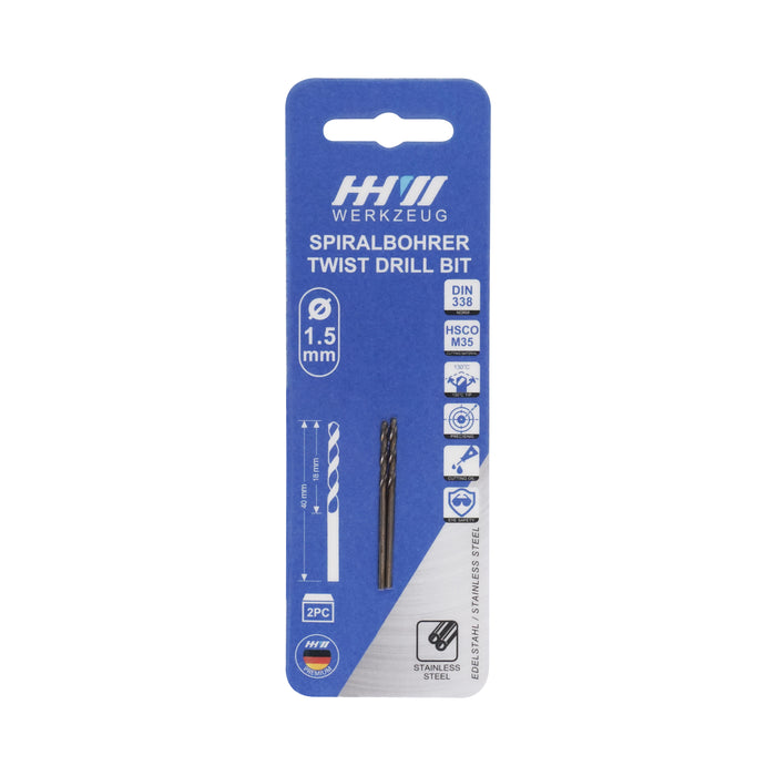 HHW ดอกสว่านโคบอลต์ ไฮสปีด HSCO (โคบอลต์ 5%) 1.5 มม. 2 ชิ้น Twist drill bit DIN 338 ANSI HSCO (5% Cobalt) Size 1.5 mm. 2 pcs. 10.100795