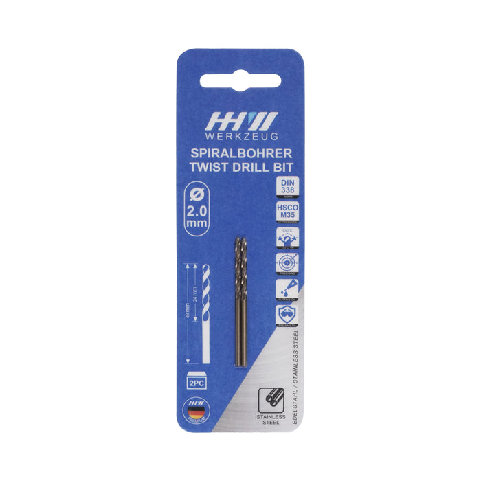 HHW ดอกสว่านโคบอลต์ ไฮสปีด HSCO (โคบอลต์ 5%) 2.0 มม. 2 ชิ้น Twist drill bit DIN 338 ANSI HSCO (5% Cobalt) Size 2.0 mm. 2 pcs. 10.100796