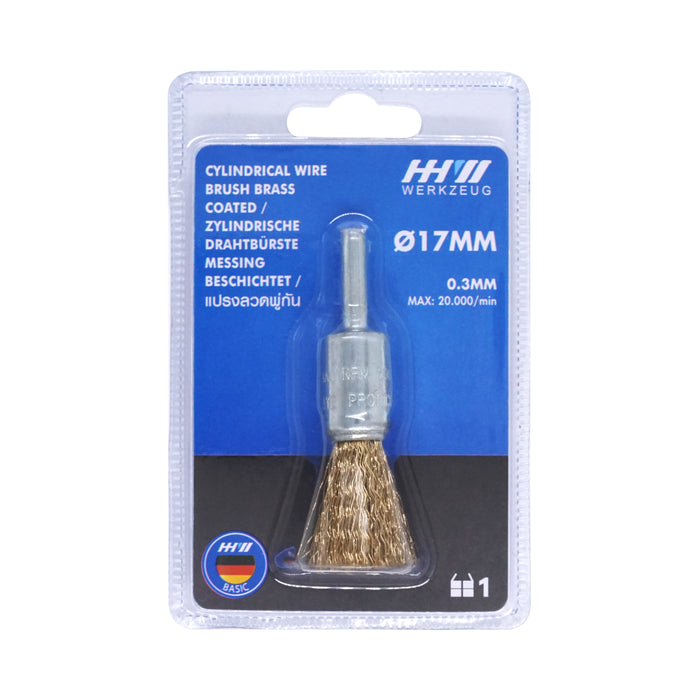 HHW แปรงลวดพู่กัน ไซส์ 17 มม. Cylindrical wire brush brass coated 17 mm. 10.101504