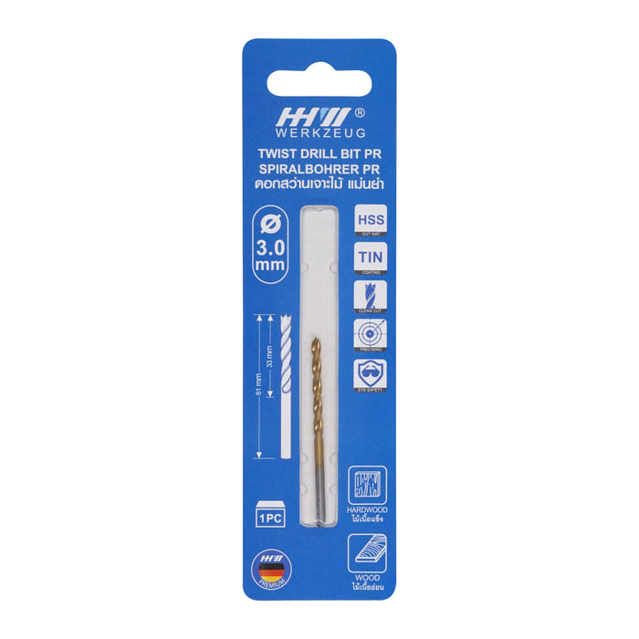 HHW ดอกสว่านเจาะไม้ พรีเมียม 3.0 มม. Precision twist drill bit HSS TIN Size 3.0 mm. 10.101757