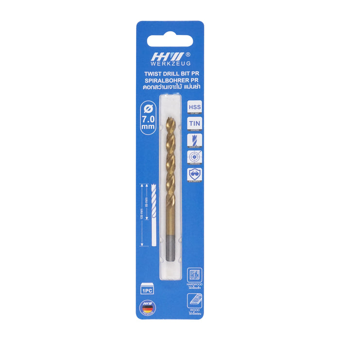 HHW ดอกสว่านเจาะไม้ พรีเมียม 7.0 มม. Precision twist drill bit HSS TIN Size 7.0 mm. 10.101761
