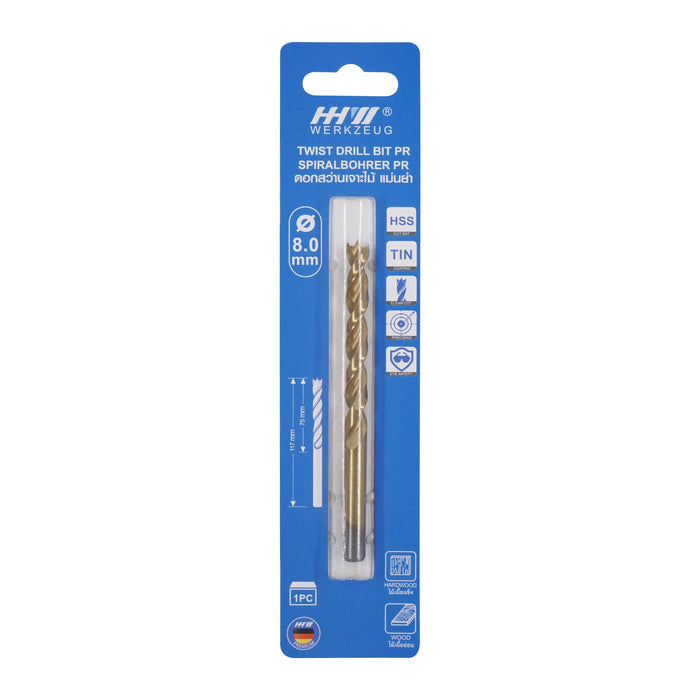 HHW ดอกสว่านเจาะไม้ พรีเมียม 8.0 มม. Precision twist drill bit HSS TIN Size 8.0 mm. 10.101762
