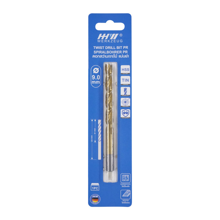 HHW ดอกสว่านเจาะไม้ พรีเมียม 9.0 มม. Precision twist drill bit HSS TIN Size 9.0 mm. 10.101763