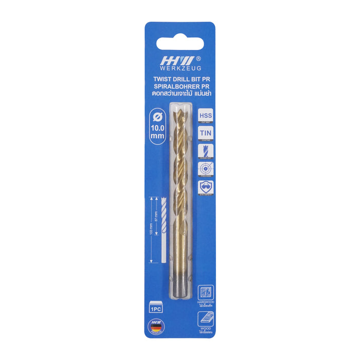 HHW ดอกสว่านเจาะไม้ พรีเมียม 10.0 มม. Precision twist drill bit HSS TIN Size 10.0 mm. 10.101764