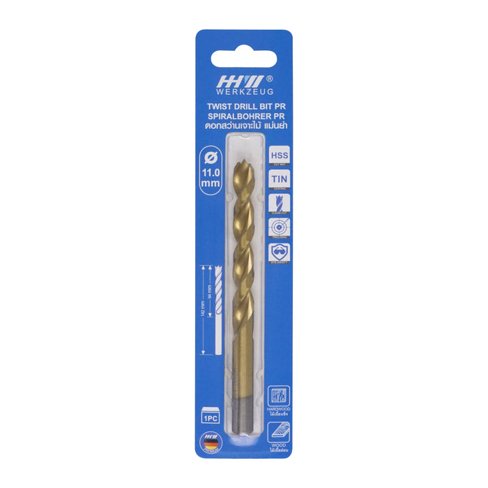 HHW ดอกสว่านเจาะไม้ พรีเมียม 11.0 มม. Precision twist drill bit HSS TIN Size 11.0 mm. 10.101765