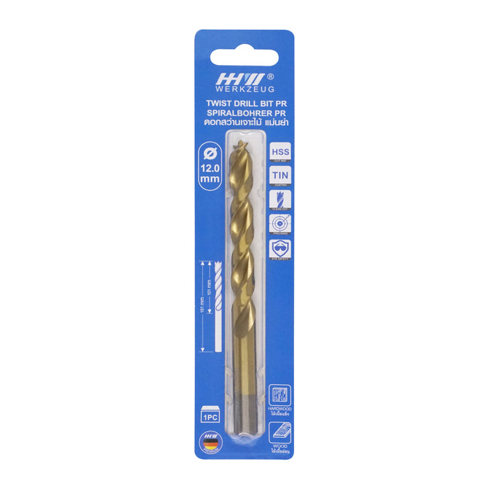 HHW ดอกสว่านเจาะไม้ พรีเมียม 12.0 มม. Precision twist drill bit HSS TIN Size 12.0 mm. 10.101766