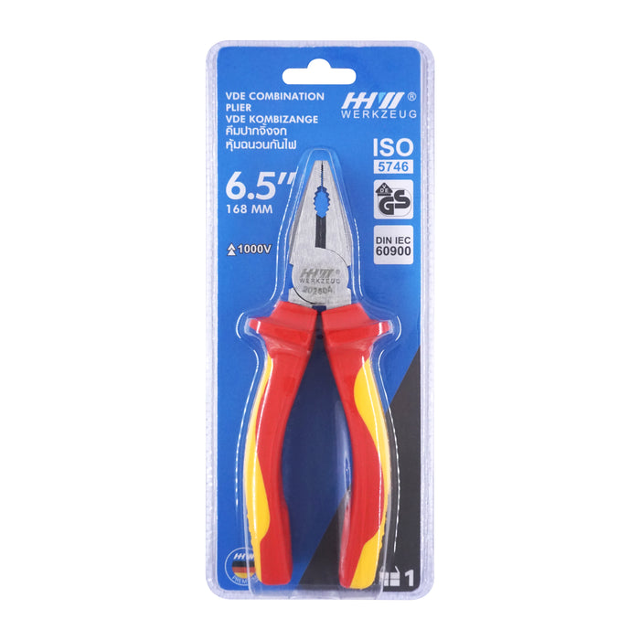 HHW คีมปากจิ้งจก หุ้มฉนวนกันไฟ ขนาด 6.5 นิ้ว VDE Combination Plier ISO 5746 IEC 60900 Size 6.5" 11.100108
