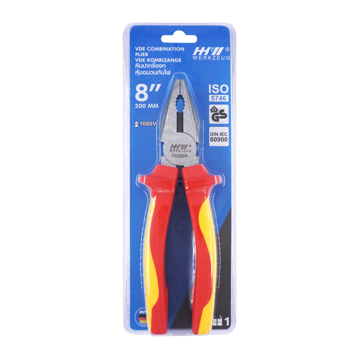 HHW คีมปากจิ้งจก หุ้มฉนวนกันไฟ ขนาด 8 นิ้ว VDE Combination Plier ISO 5746 IEC 60900 Size 8" 11.100109