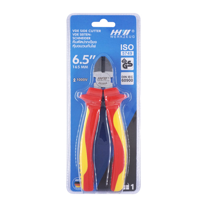 HHW คีมตัดปากเฉียง หุ้มฉนวนกันไฟ ขนาด 6.5 นิ้ว VDE Side Cutter ISO 5746 IEC 60900 Size 6.5" 11.100110