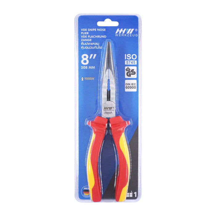 HHW คีมปากแหลม หุ้มฉนวนกันไฟ ขนาด 8 นิ้ว VDE Snipe Nose Plier ISO 5746 IEC 60900 Size 8" 11.100121