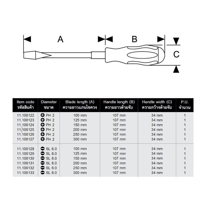 HHW ไขควงปากแฉก ขนาด PH2x150 มม Screwdriver Size PH2x150 mm 11.100124